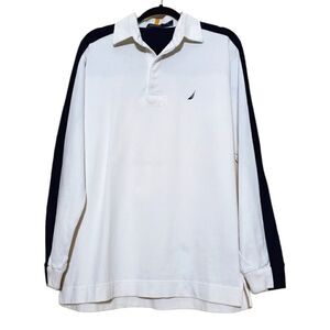 Nautica Mens Spellout Longsleeve White Rugby Shirt Size Medium Y2K Heavy Fabric